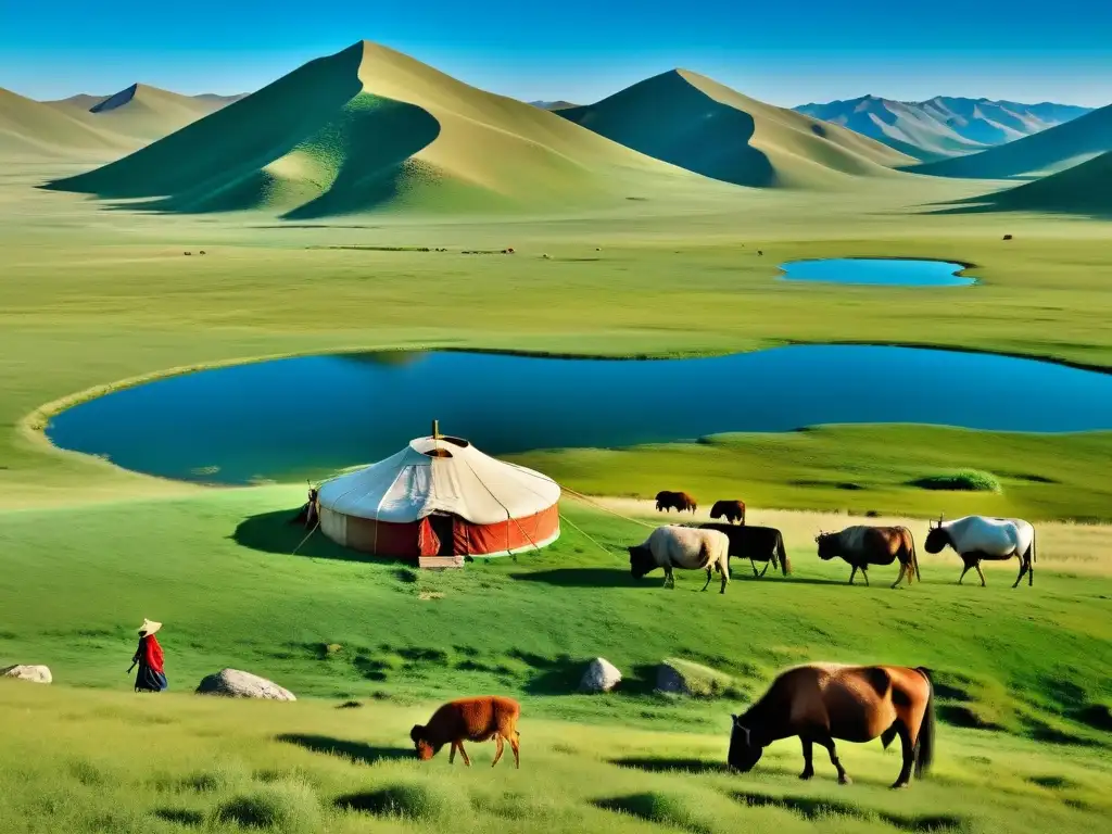 Una imagen impresionante de la vasta estepa mongola bajo un cielo azul claro, donde una familia nómada cuida su ganado