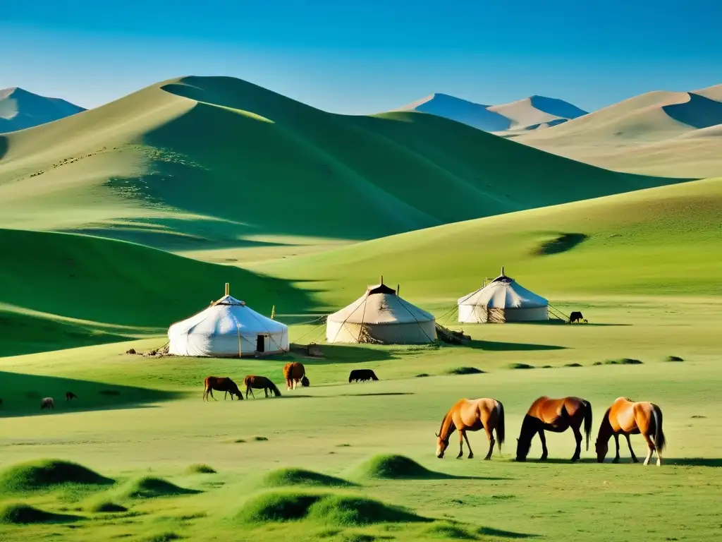 Imagen impresionante de la vasta estepa mongol, con colinas verdes y cielo azul