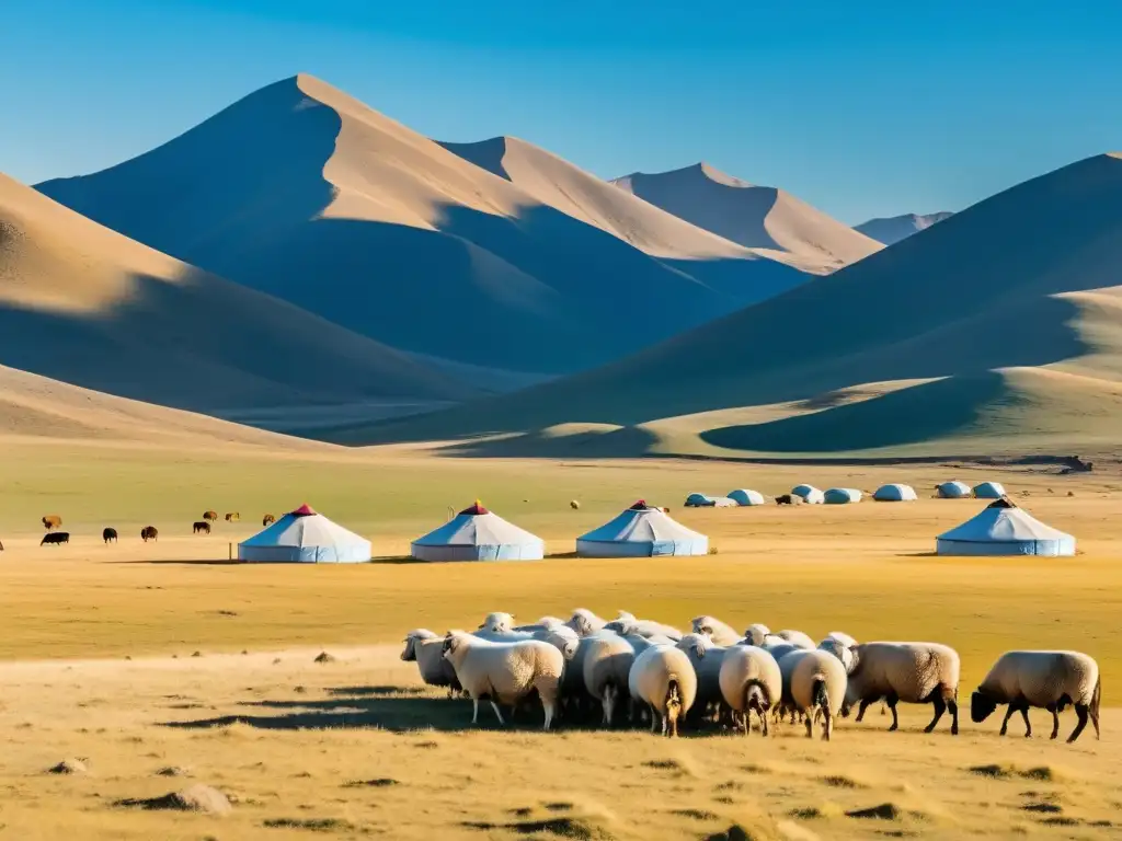 Imagen impresionante de la vasta estepa mongol bajo un cielo azul claro, con yurtas tradicionales