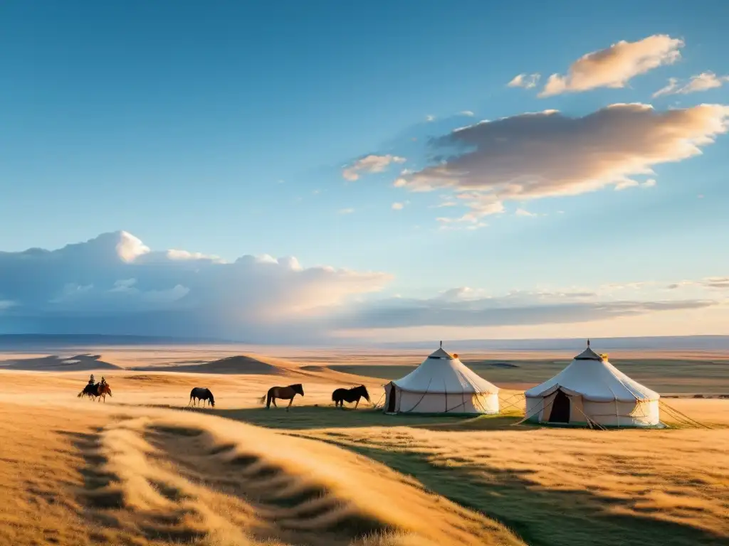 Imagen impresionante de la vida nómada en la estepa dorada del imperio mongol