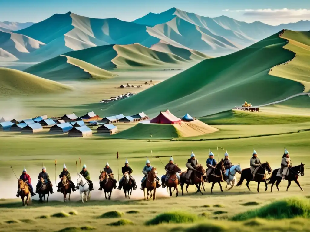 Imagen inmersiva de la vasta historia del Imperio Mongol en profundidad, con paisajes expansivos y culturas diversas