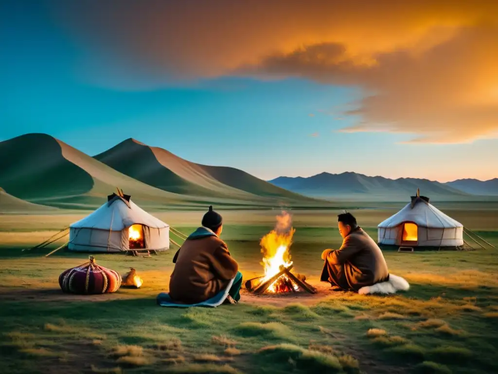 Una imagen inspiradora de nómadas mongoles alrededor de una fogata en la estepa, con yurtas tradicionales al fondo