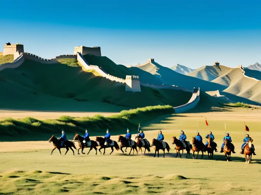 Imagen de la jerarquía social en el Imperio Mongol: guerreros montados en vasto paisaje con yurtas y Gran Muralla China al fondo