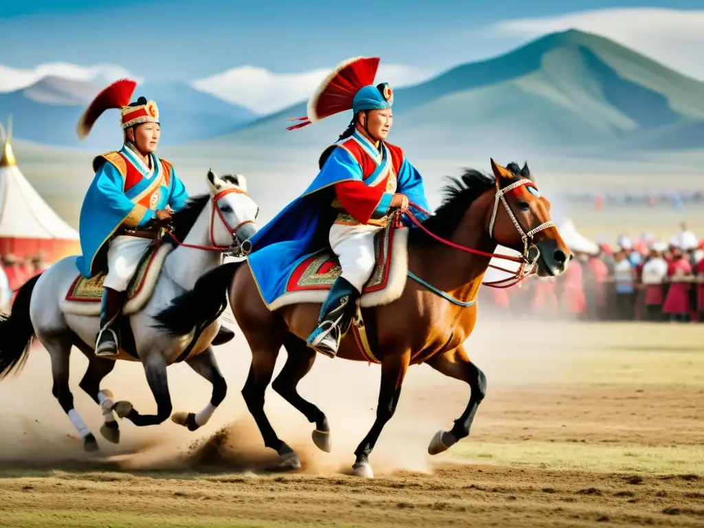 La imagen muestra el legado cultural del Imperio Mongol en el vibrante Festival Naadam, con colores tradicionales y eventos emocionantes