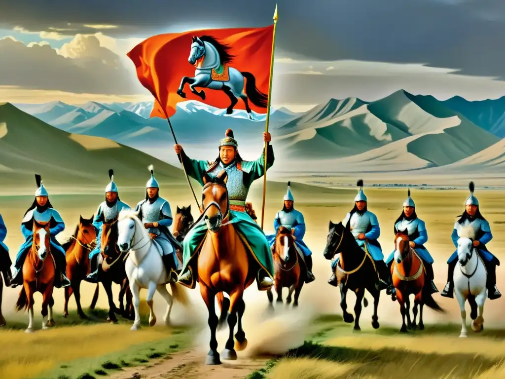 Imagen del legado de Genghis Khan, liderando su ejército a través de las estepas mongolas, con determinación y poder