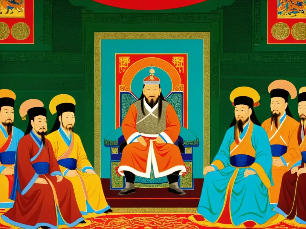 Imagen del legado jurídico de Gengis Khan: el poder en su trono rodeado de asesores y generales, discutiendo leyes que moldearán el Imperio Mongol