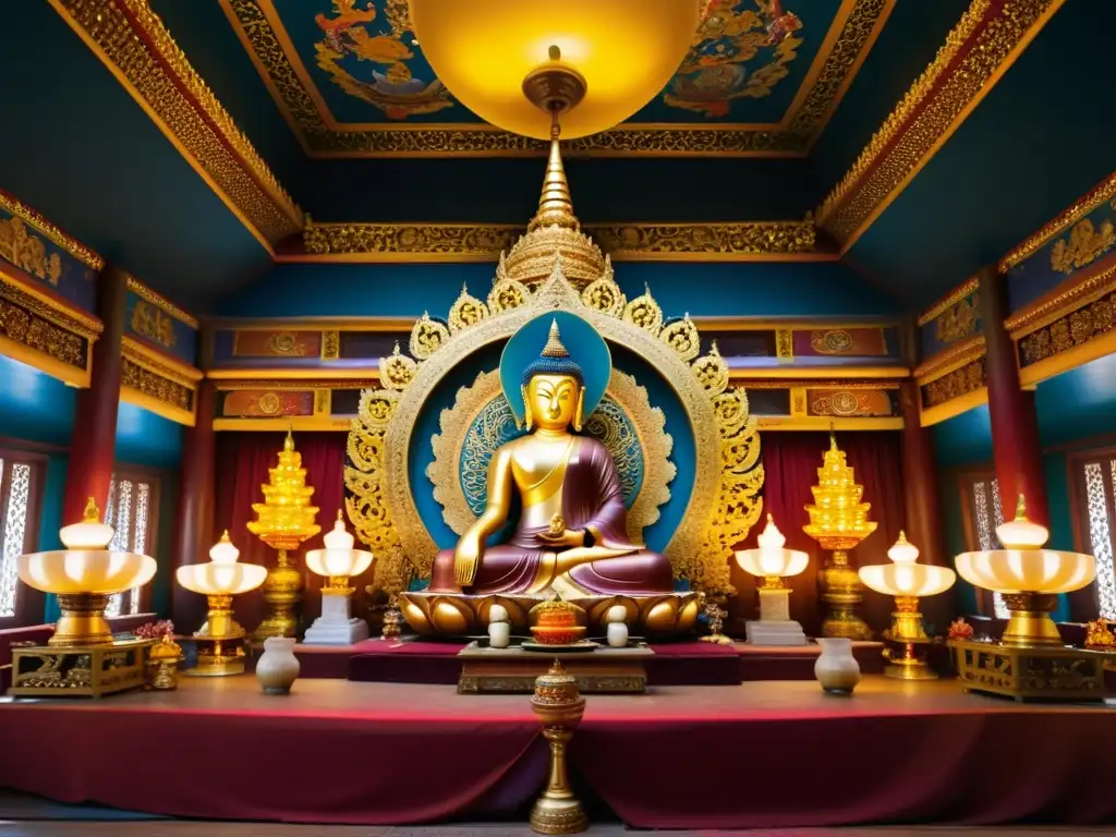 Imagen de la majestuosa estatua dorada del Buda rodeada de lámparas de mantequilla en un templo del budismo tibetano en la corte