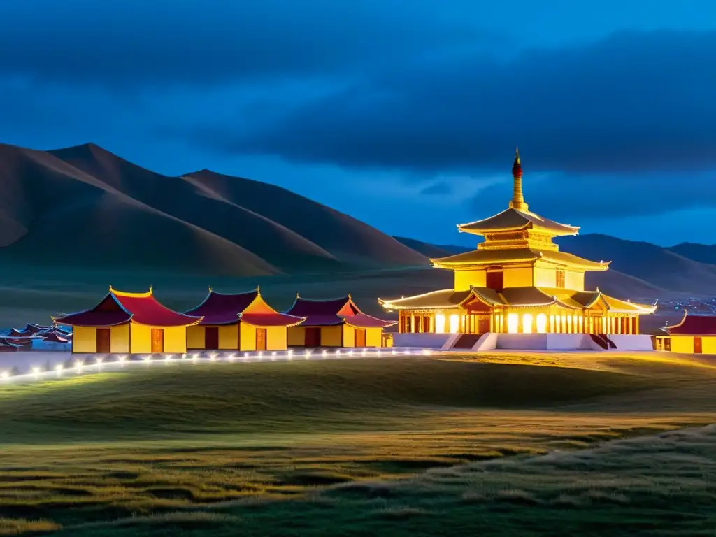 Imagen mística del Monasterio Gandantegchinlen en Ulaanbaatar, Mongolia, durante el amanecer