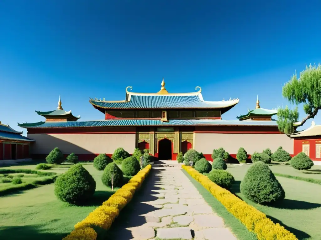 Imagen del Monasterio budista Erdene Zuu en Mongolia, con detalles arquitectónicos impresionantes y ambiente espiritual vibrante