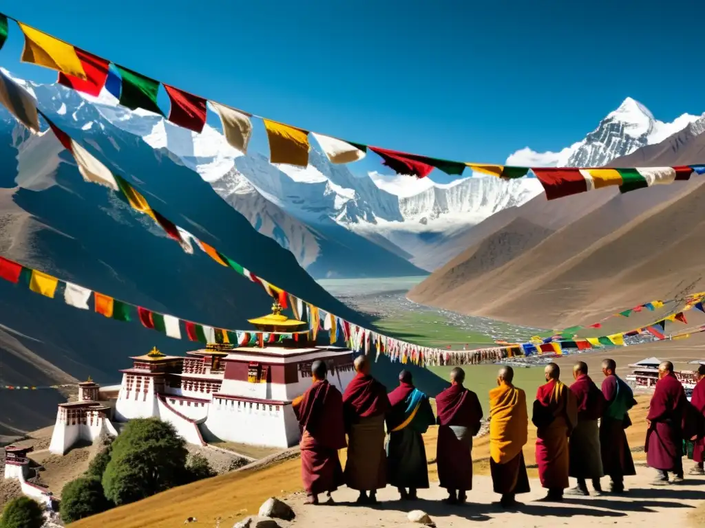 Imagen de monasterios tibetanos antiguos en el Himalaya, con monjes realizando rituales tradicionales y banderas de rezos ondeando en el viento