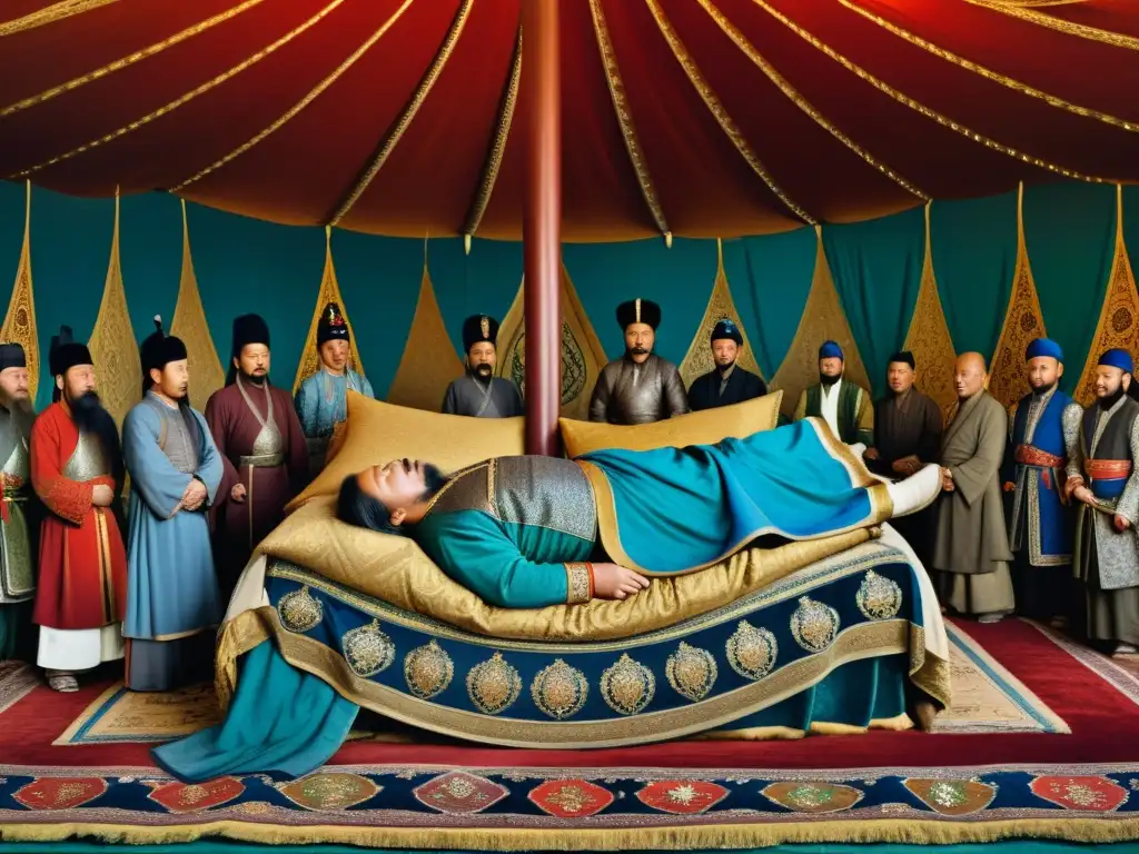 Imagen de la muerte de Genghis Khan en un lujoso escenario, rodeado de su familia y consejeros, capturando las disputas internas en el Imperio Mongol