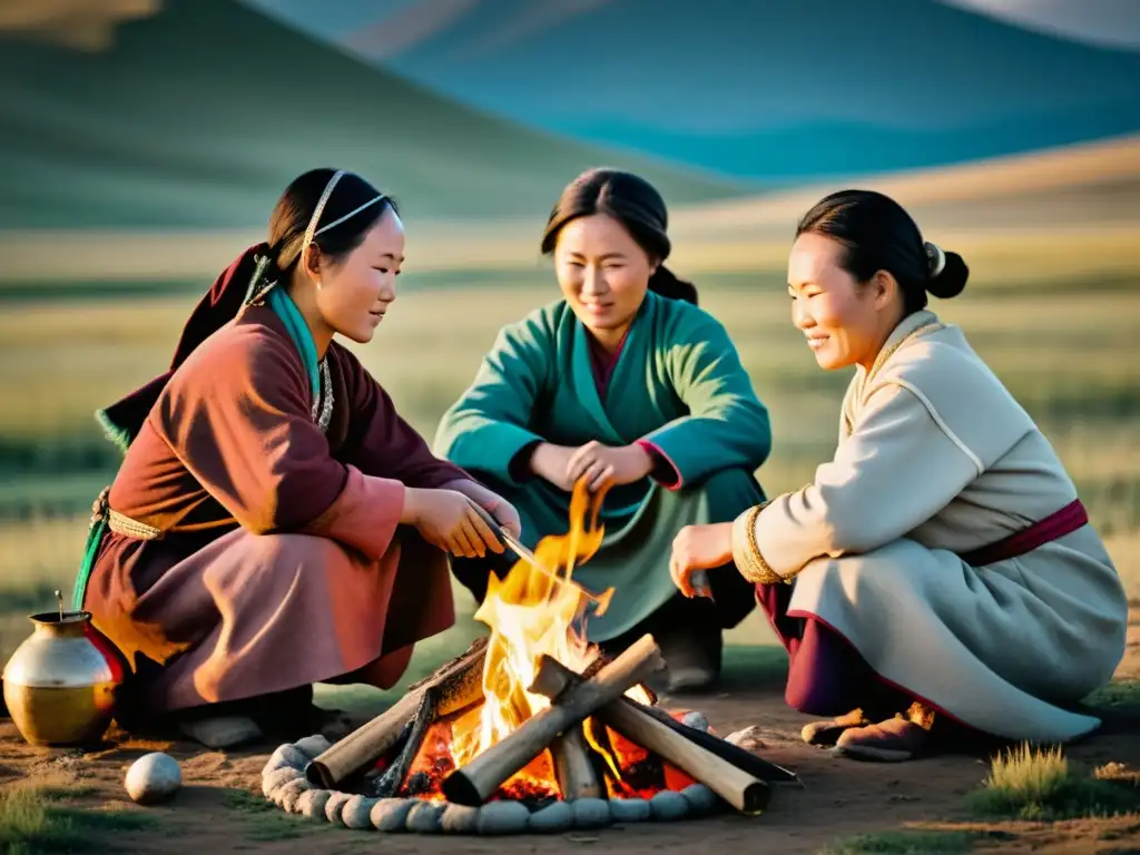 Imagen de mujeres en la sociedad mongola, reunidas alrededor de un fuego en la estepa, realizando actividades diarias en sus trajes tradicionales