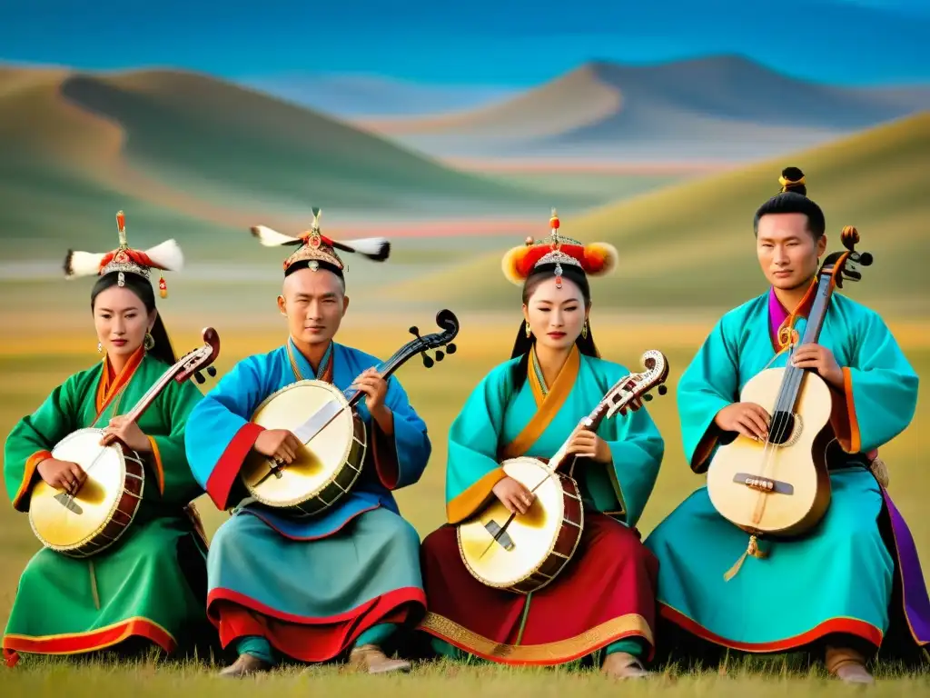 Imagen de músicos tradicionales mongoles tocando instrumentos en la estepa, evocando la música en el Imperio Mongol