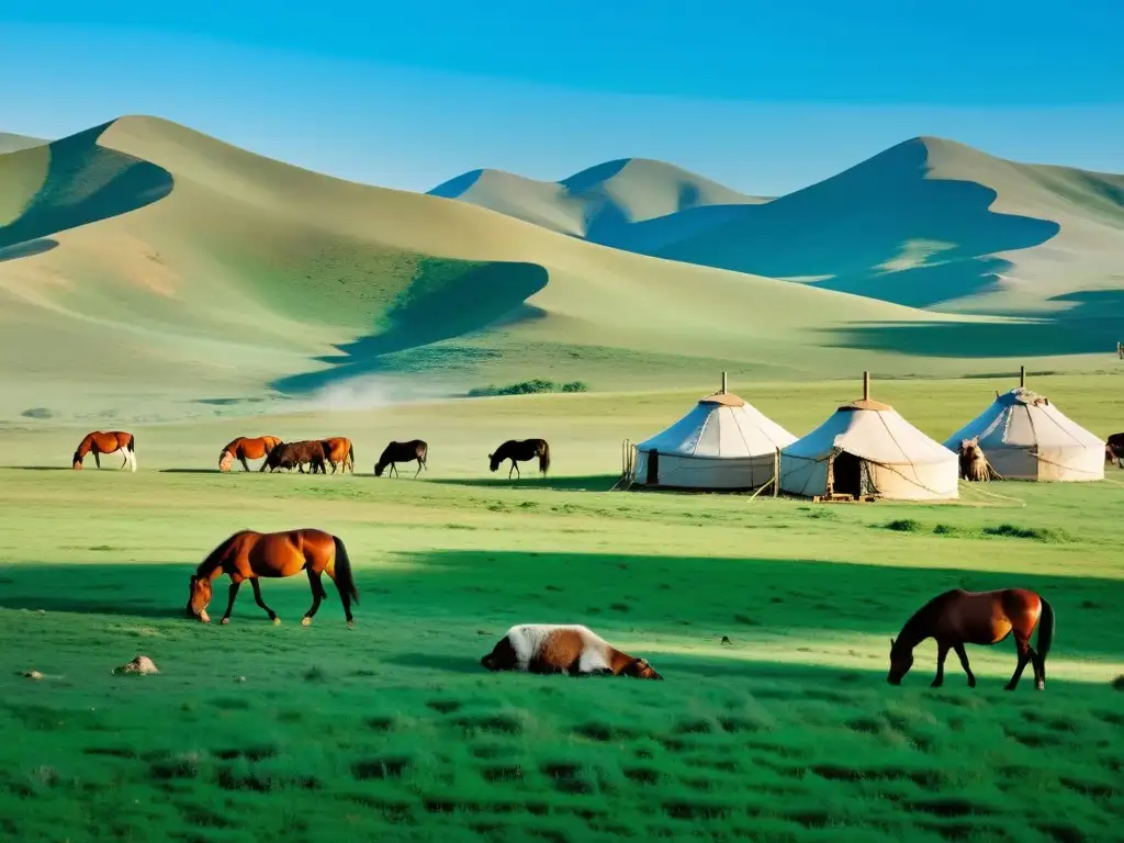 Imagen de paisaje mongol con convivencia de los mongoles con especies, yurtas y caballos salvajes en praderas