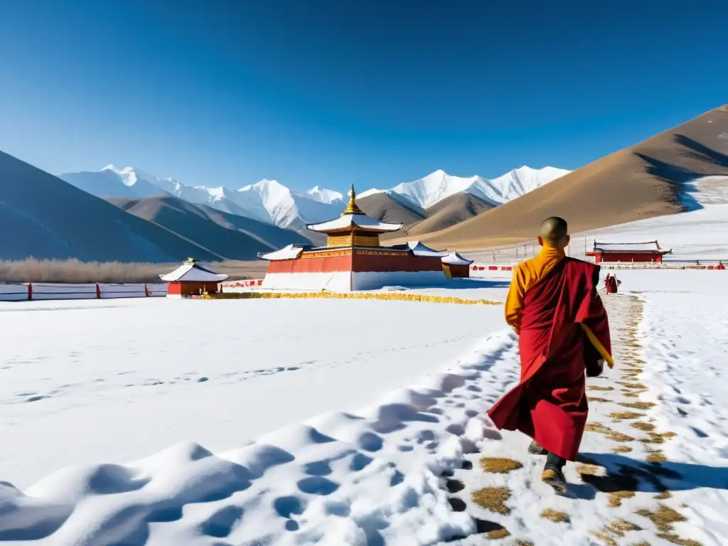 Imagen de paisaje sereno en Mongolia, con monasterio budista y montañas nevadas