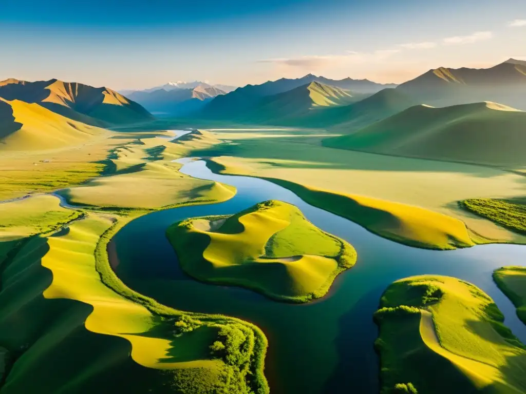 Imagen de paisaje sereno en Mongolia con río cristalino, montañas nevadas y yurtas