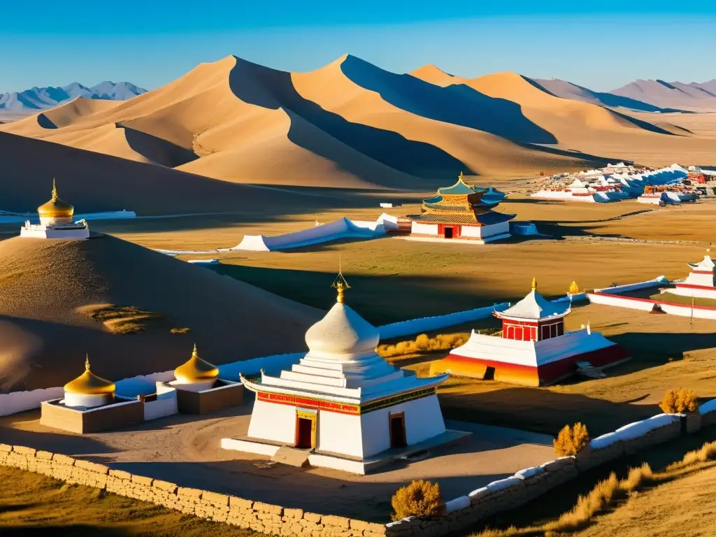 Imagen panorámica de la antigua y serena belleza del Monasterio Erdene Zuu en Mongolia, evocando la herencia religiosa y espiritual del Imperio Mongol