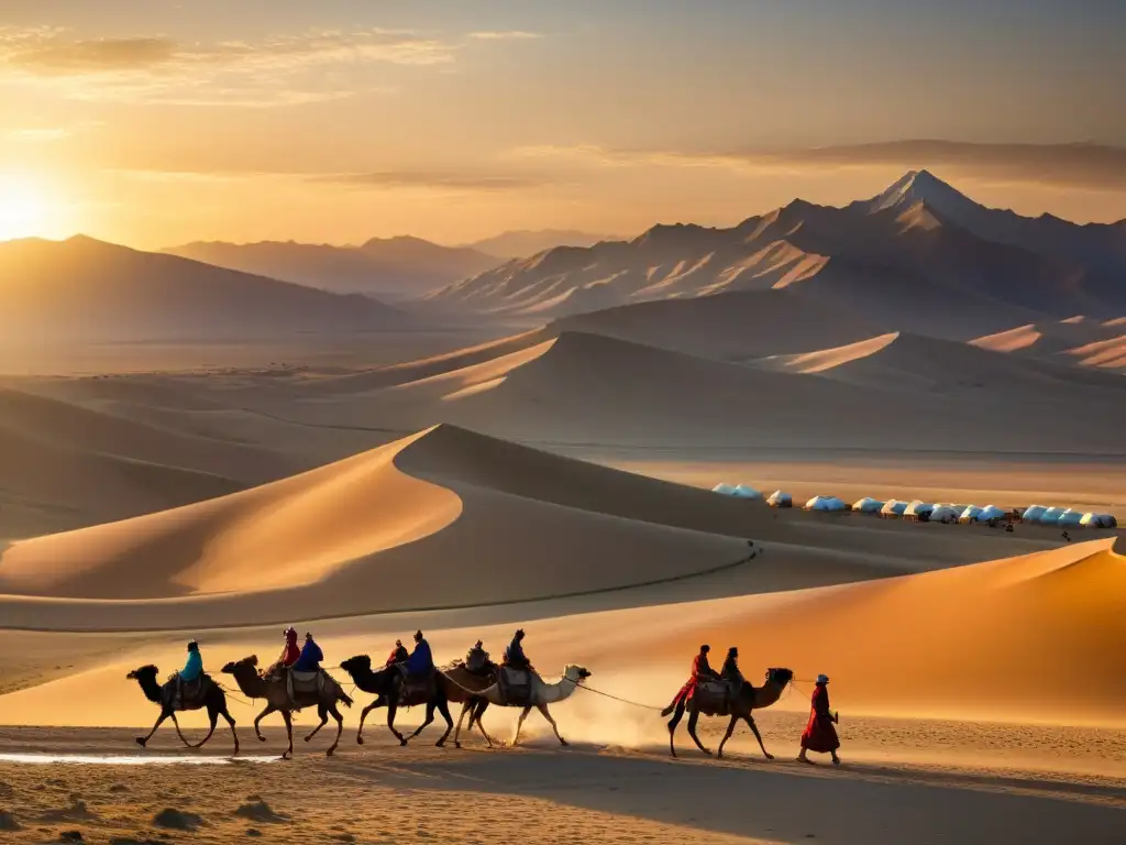 Imagen panorámica del antiguo Imperio Mongol Ruta de la Seda, con caravanas de camellos y paisajes desérticos al atardecer