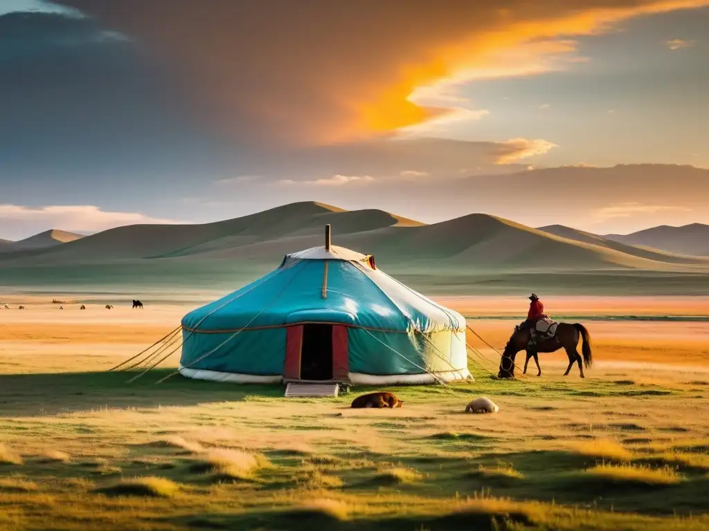 Imagen panorámica de la estepa mongola al atardecer, con una yurta tradicional y pastores nómadas cuidando de sus caballos