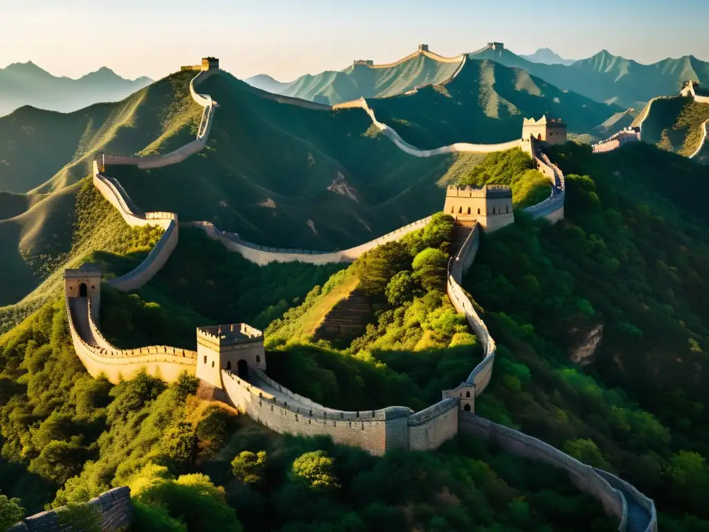 Imagen panorámica de la Gran Muralla China serpenteando a través de terreno montañoso, bañada por la cálida luz del atardecer