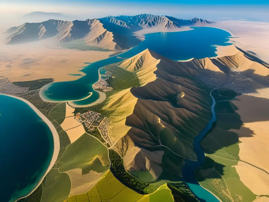 Imagen panorámica del paisaje diverso del Imperio Ilkanato, con montañas imponentes y el tranquilo Mar Caspio