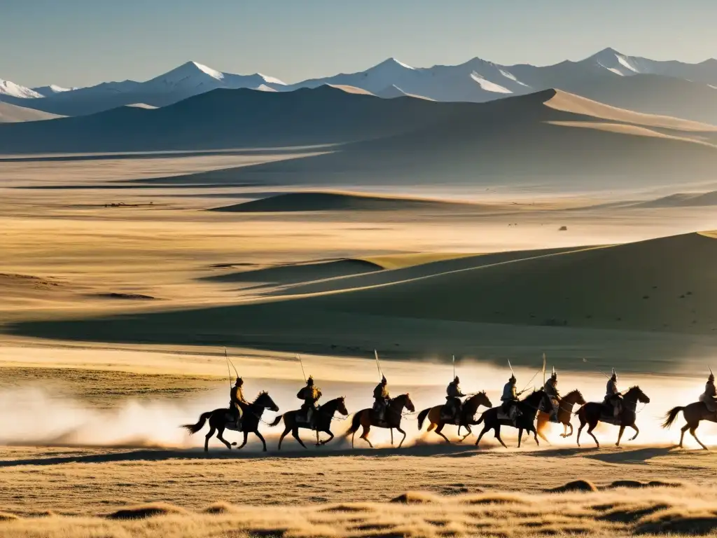 Imagen panorámica de una vasta batalla en Mongolia, con guerreros mongoles a caballo mostrando integración táctica ejército mongol