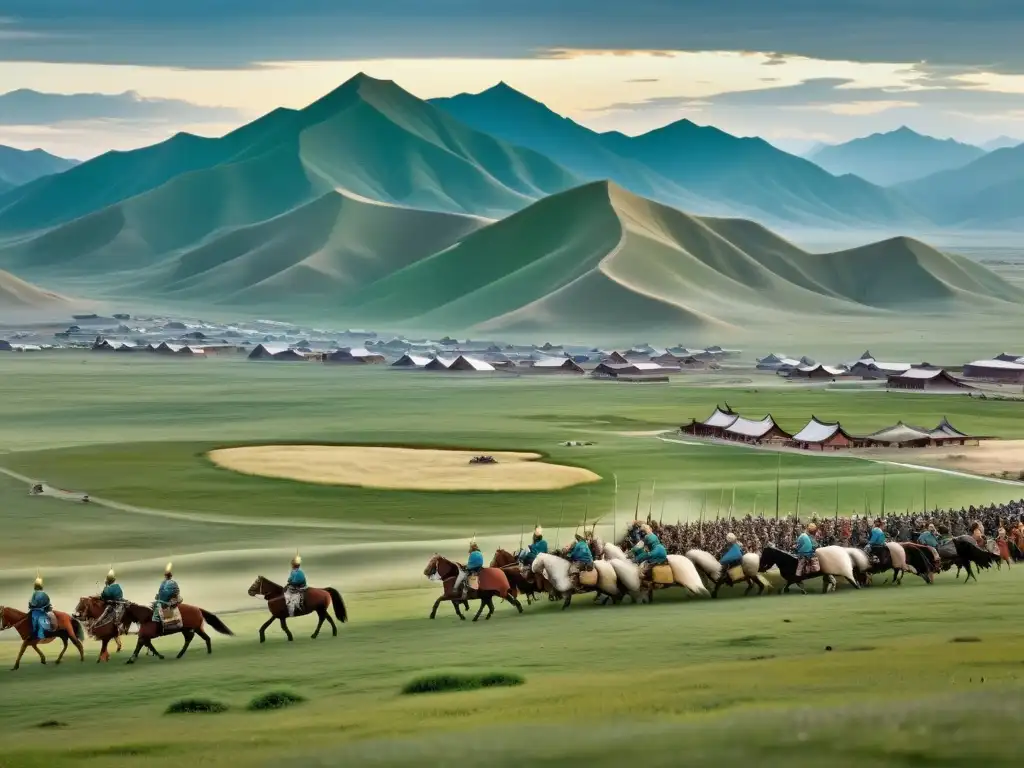 Imagen panorámica de la vasta Conquista del Imperio Mongol, con guerreros a caballo, ciudades antiguas y majestuosas montañas de Asia