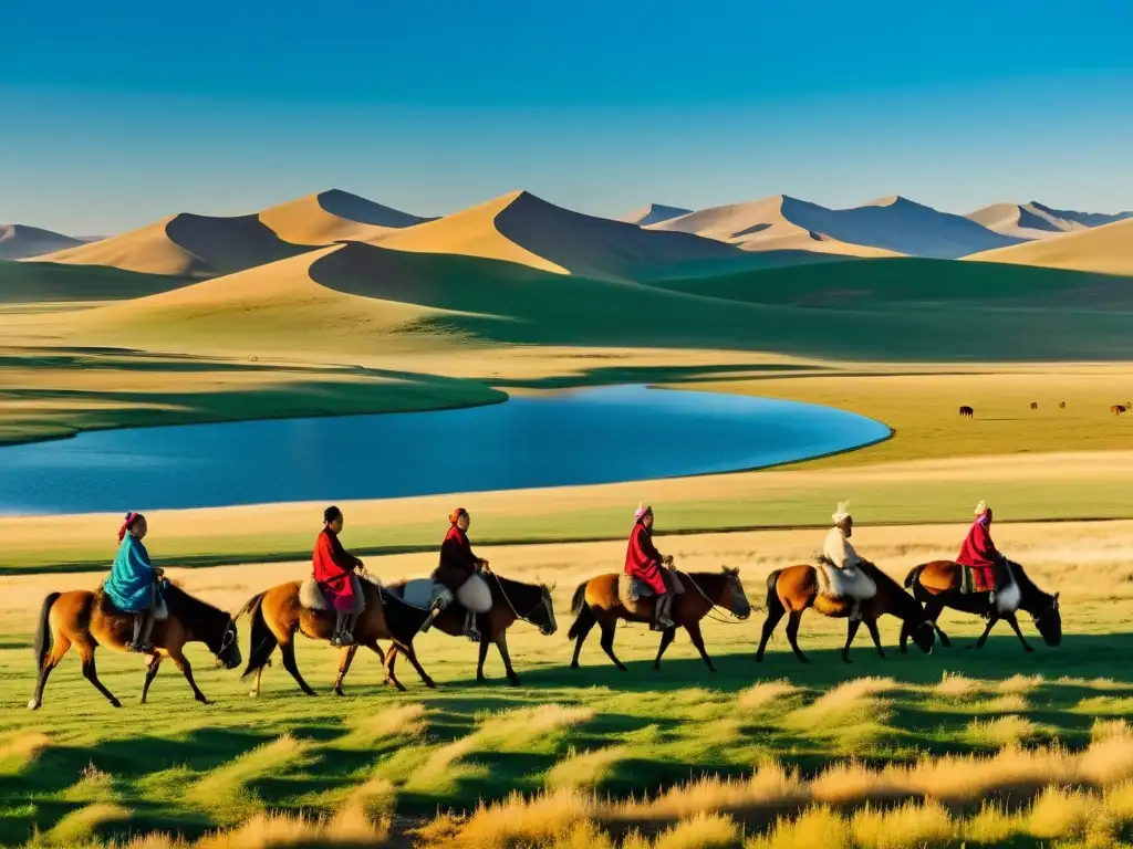 Imagen panorámica de la vasta estepa mongola, con una familia nómada y su ganado, evocando el legado del Imperio Mongol