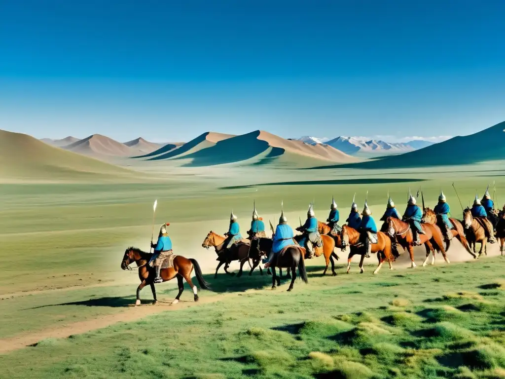 Imagen panorámica de la vasta estepa mongol con guerreros en caballo, reflejando las estrategias militares del Imperio Mongol