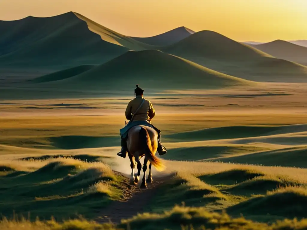 Imagen de película Mongol con paisaje épico de estepa y jinete solitario al atardecer, reflejando el espíritu del Imperio Mongol