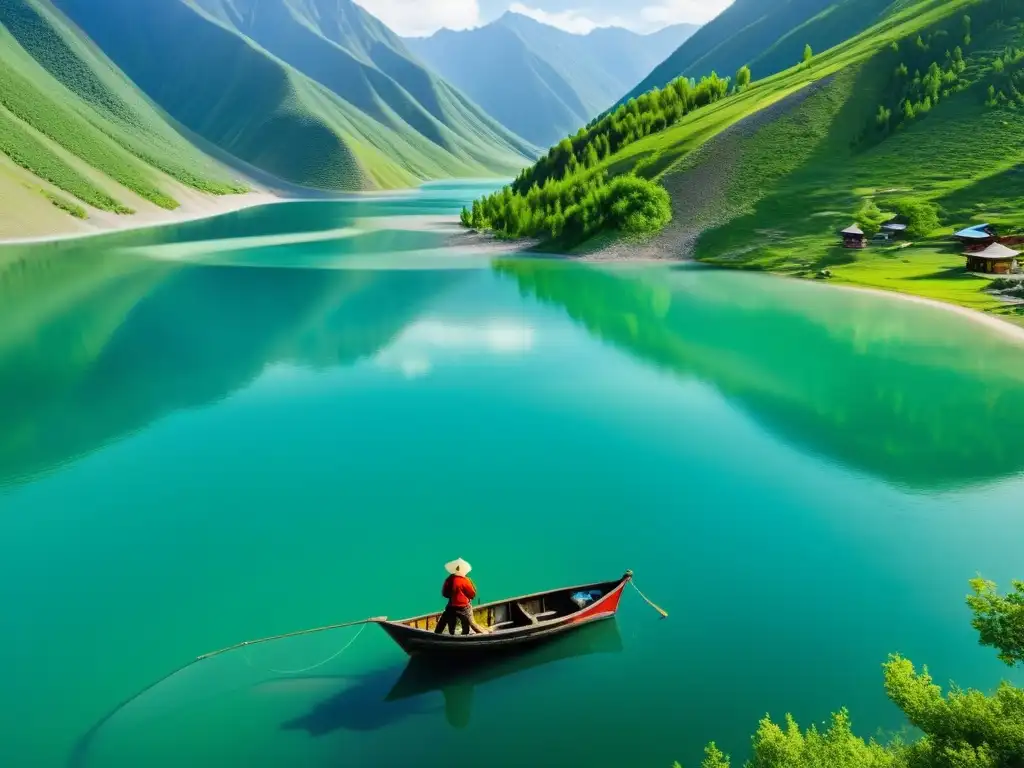 Imagen de la pesca en el Imperio Mongol: barco tradicional en lago sereno con pescador lanzando red