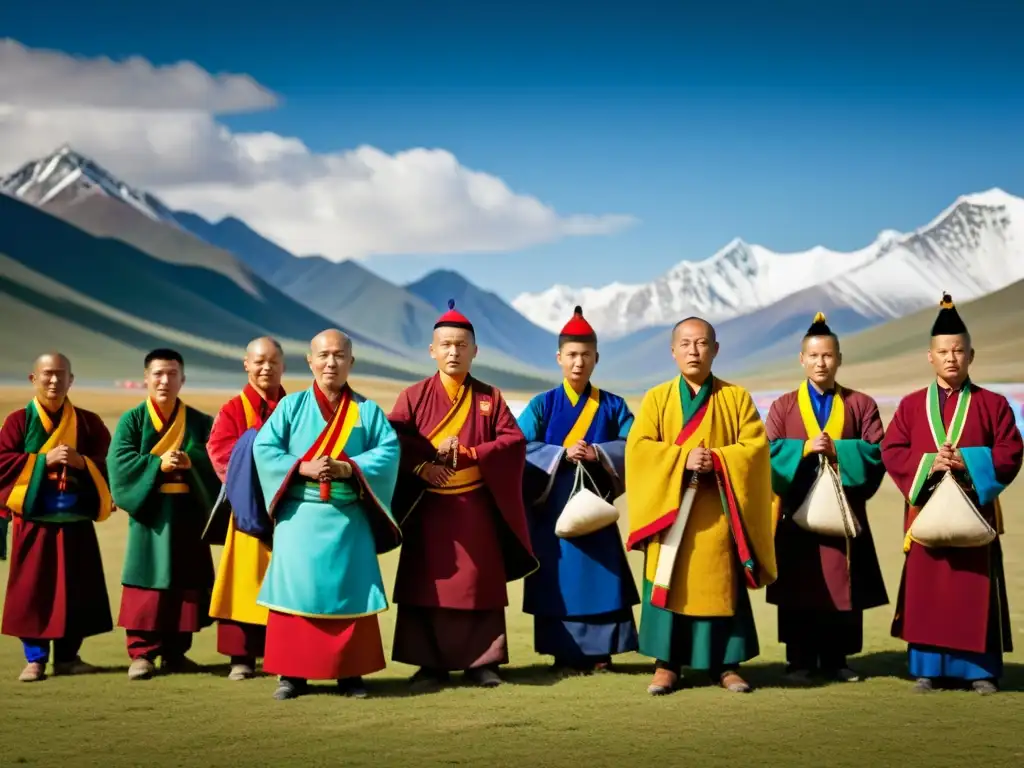 Imagen de prácticas religiosas mongoles y tibetanas en paisaje majestuoso con danza ritual y vestimenta tradicional vibrante