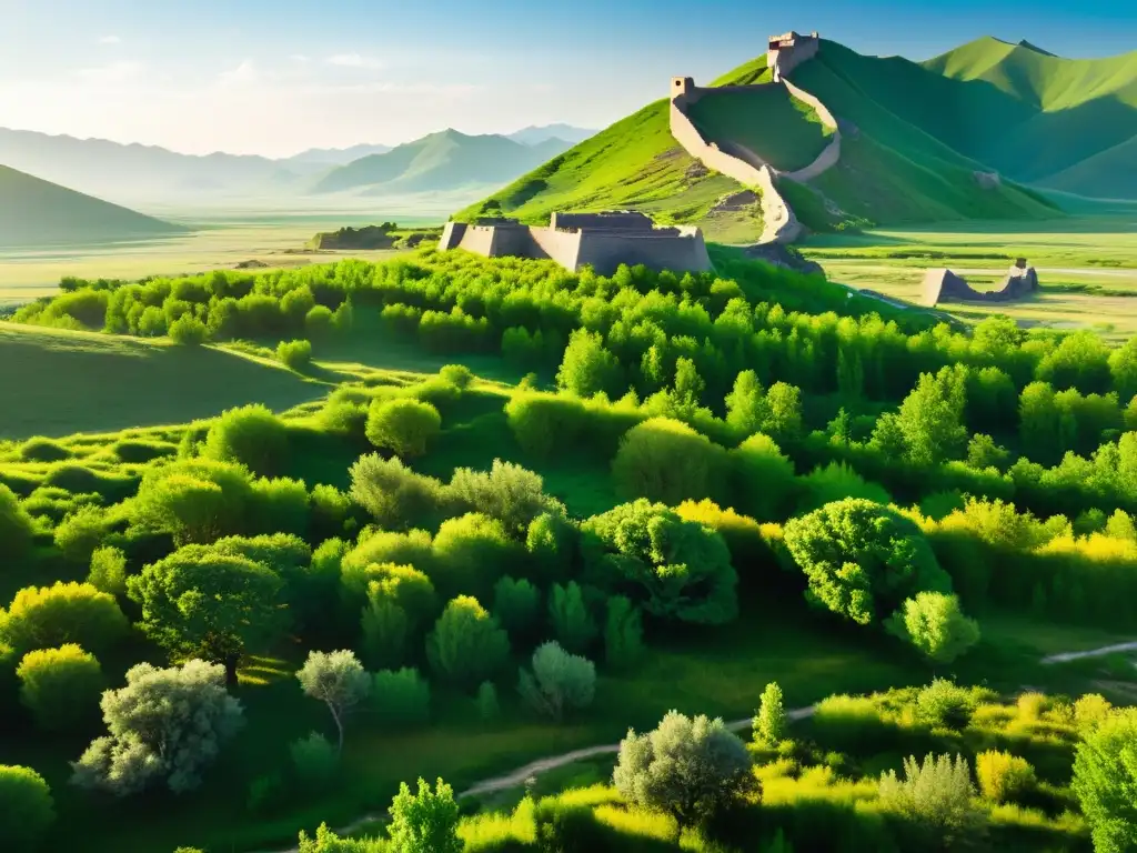 Renacimiento verde: la flora resurge en tierras antiguas Imagen de la recuperación de territorios tras dominio mongol: exuberante paisaje verde emergiendo de ruinas, simbolizando esperanza y renovación