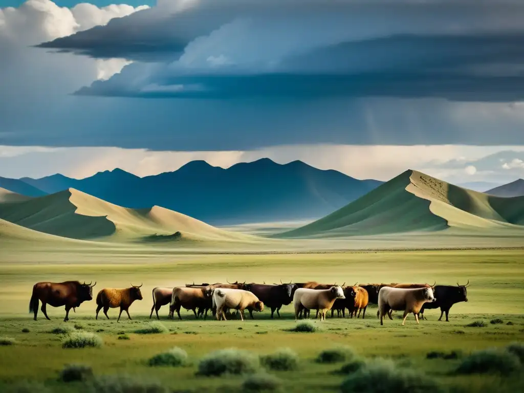 Una imagen que muestra la relación entre cambio climático y expansión mongola, con la impactante belleza de la estepa mongola y su cielo dramático