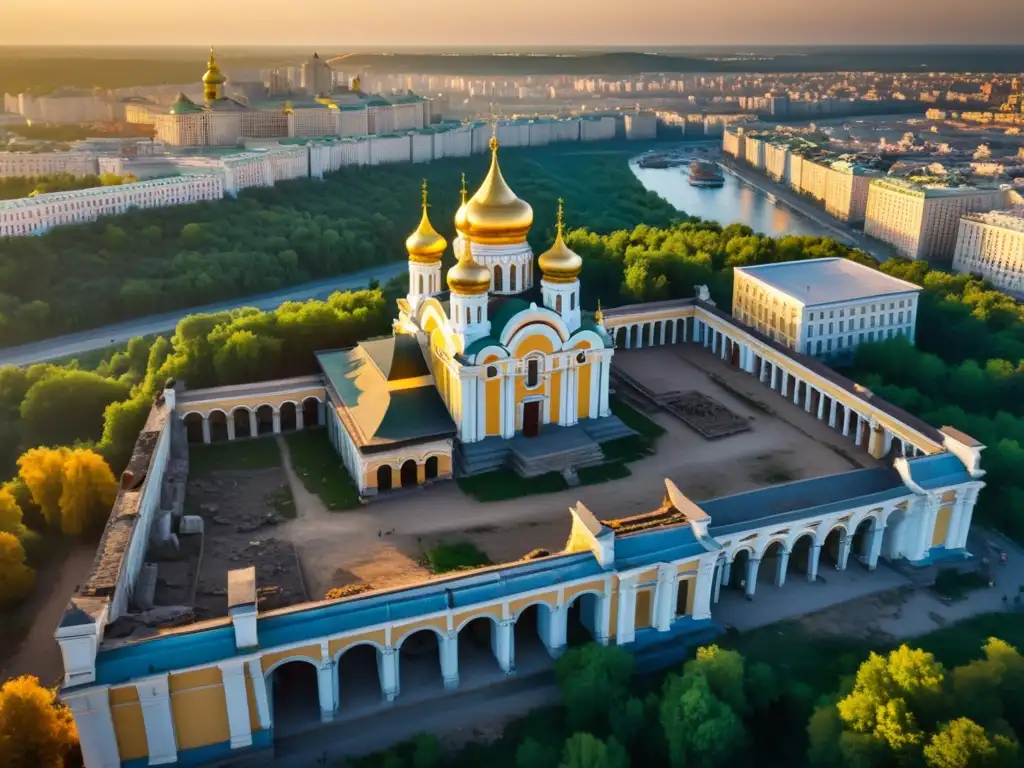 La imagen muestra las ruinas de Kiev, con una mezcla de arquitectura antigua y urbana moderna bajo la luz dorada del atardecer