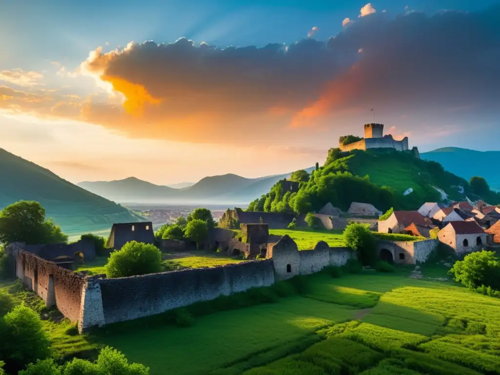 Imagen de ruinas de un próspero pueblo europeo, cubierto por vegetación, rodeado de montañas y con un atardecer dramático