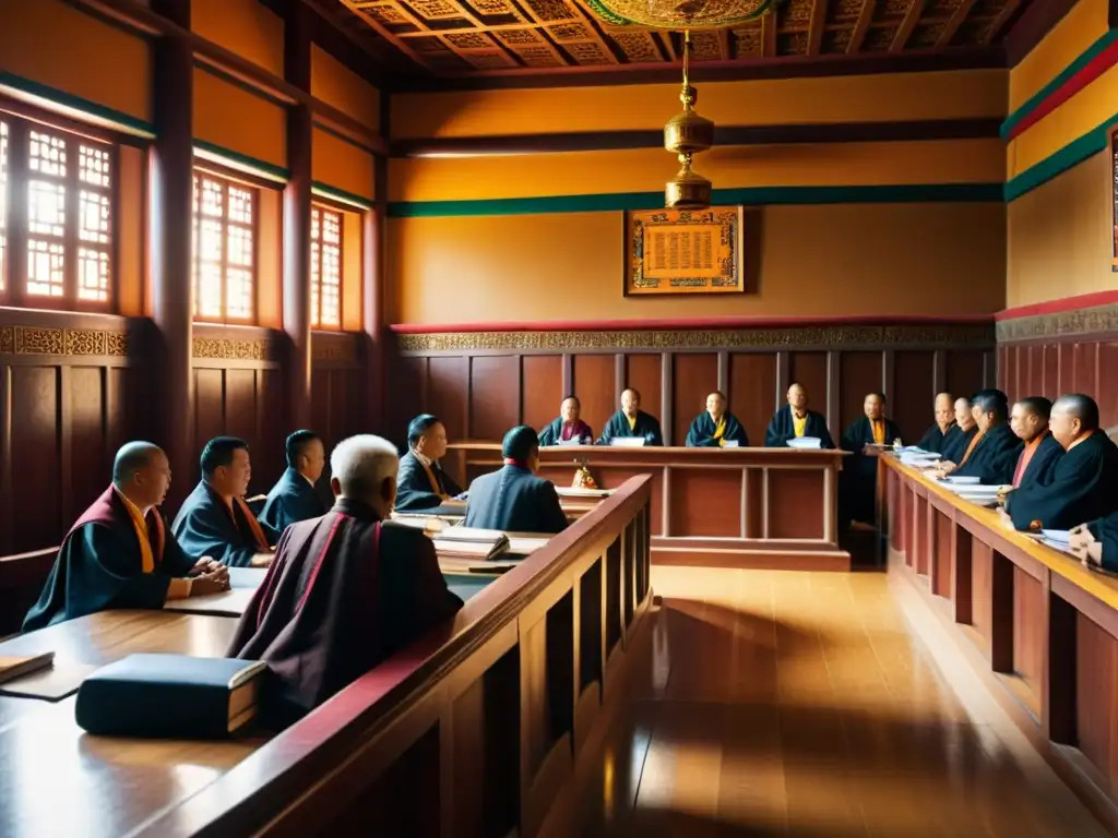 Imagen de una sala de tribunal tibetana con influencia mongola en legislación tibetana, jueces, abogados y acusados debatiendo apasionadamente