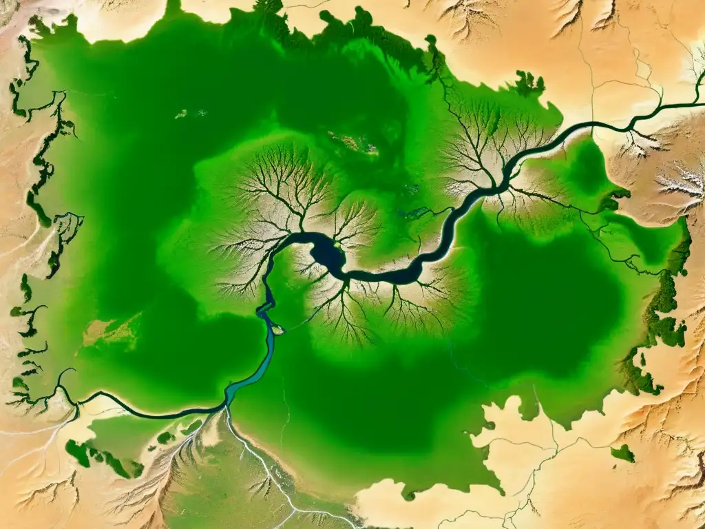 Imagen satelital de alta resolución capturando el vasto y agreste terreno de la estepa mongola, con ríos serpenteantes y contrastes entre valles verdes y zonas rocosas, insinuando posibles ubicaciones de ciudades perdidas del Imperio Mongol