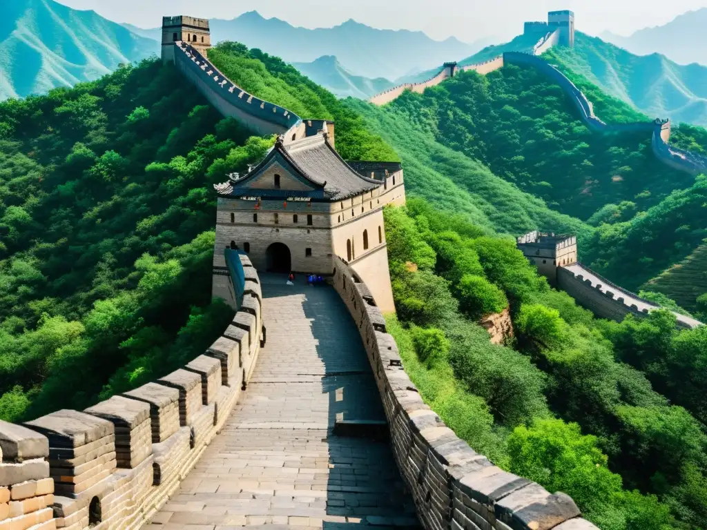 La imagen muestra una sección detallada de la Gran Muralla China, resaltando su diseño estratégico