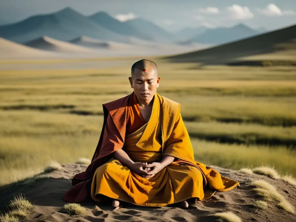 Imagen serena de un monje budista meditando en las vastas estepas de Mongolia, reflejando las prácticas espirituales budistas en Mongolia