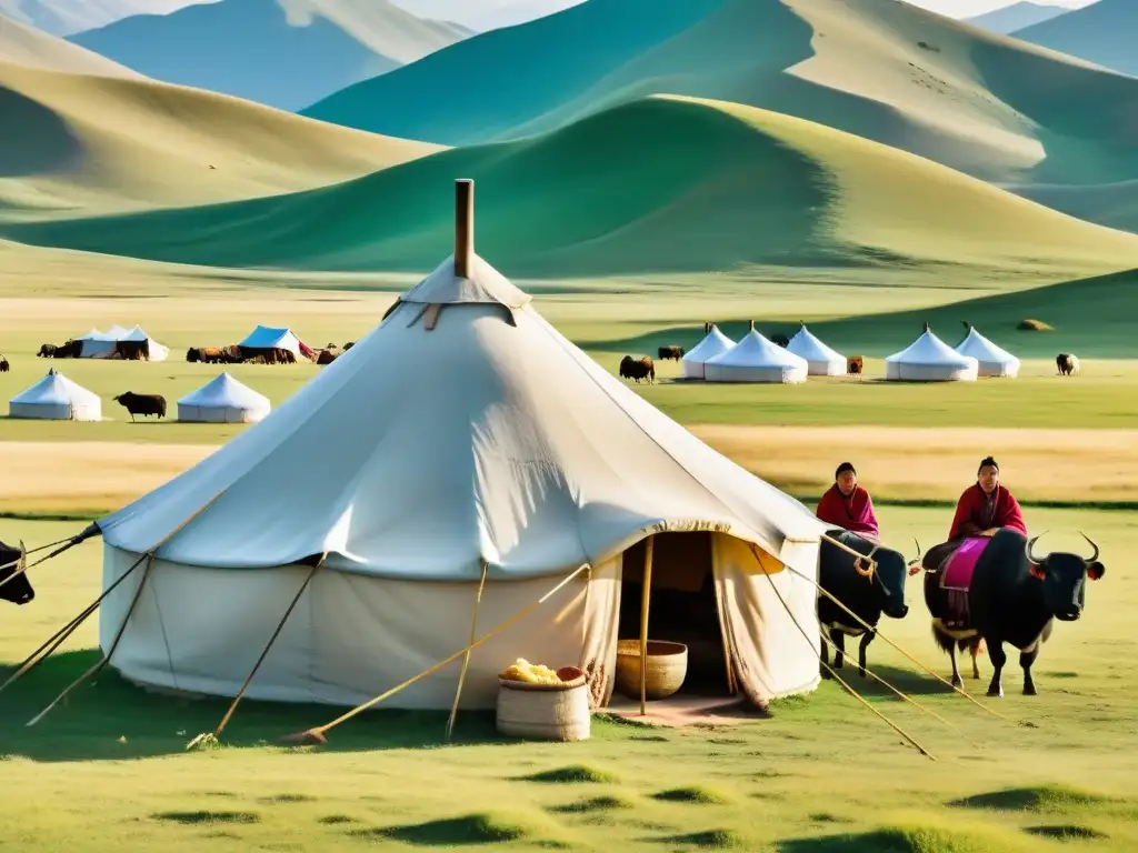 Imagen de turismo responsable en Mongolia: familias nómadas recibiendo a turistas en sus tiendas tradicionales ger, con el paisaje mongol de fondo