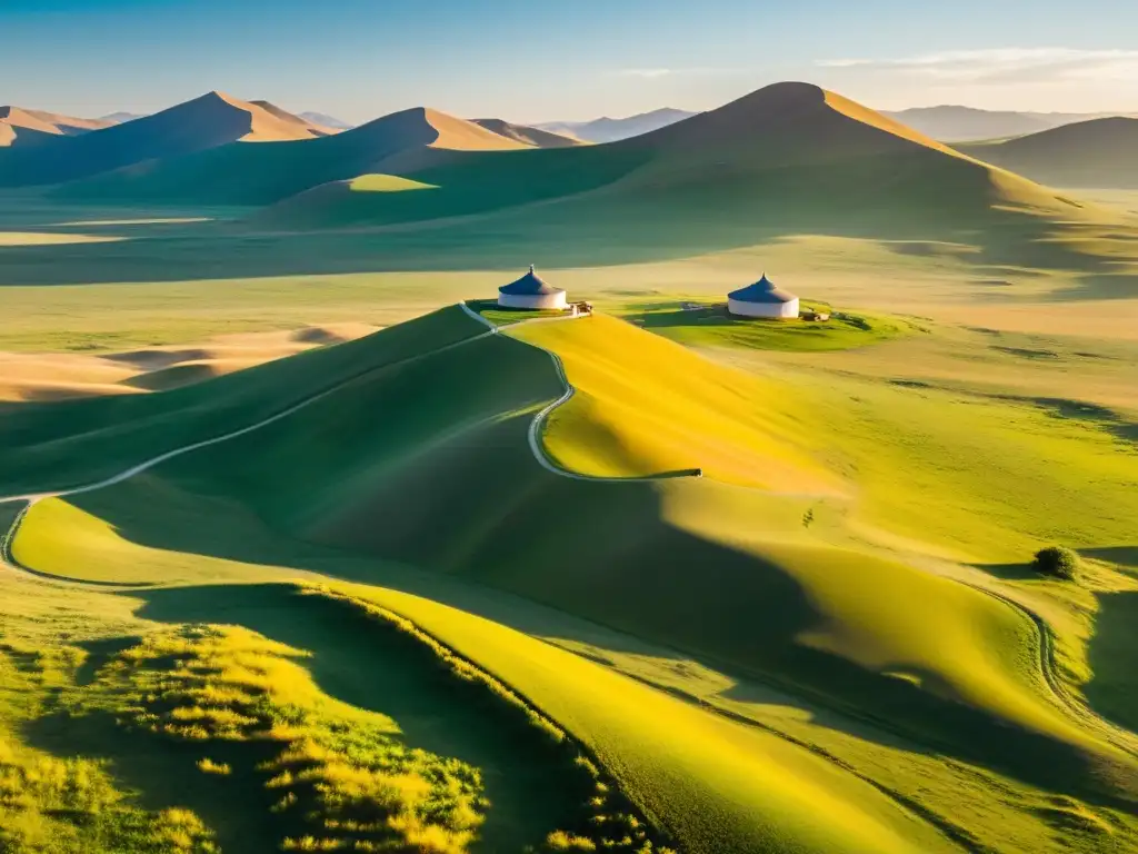 Imagen de la vasta estepa mongola con influencia sutras budistas ética mongola, yurta solitaria, caballos majestuosos y nómada tradicional