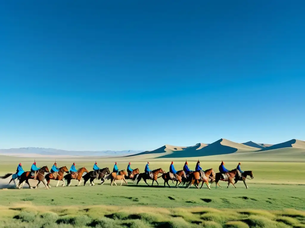 Imagen de la vasta estepa mongola con mensajeros a caballo, transmitiendo mensajes importantes