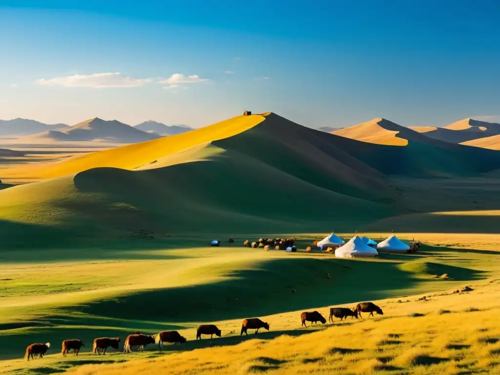 Imagen de la vasta estepa mongola con pastores y yurtas, reflejando el poder mongol en el cine