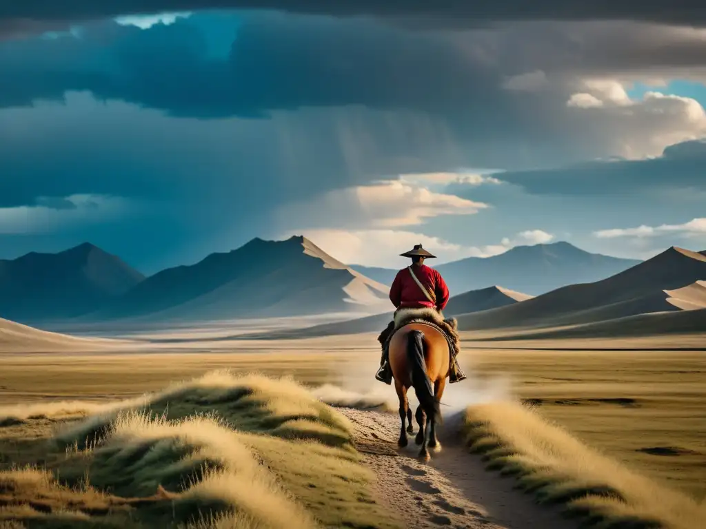 Imagen 8k de las vastas estepas de Mongolia con un jinete solitario evocando el legado de Jochi Khan en las estepas