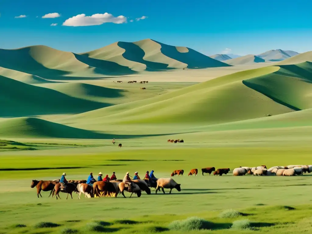 Imagen 8k de las vastas praderas de Mongolia con pastores nómadas y su ganado