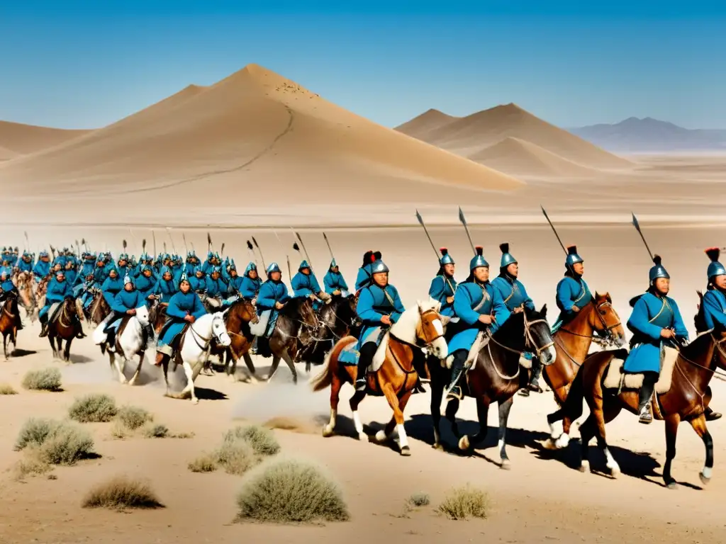 Imagen del vasto desierto con guerreros mongoles a caballo en formación, evocando estrategias militares del imperio mongol