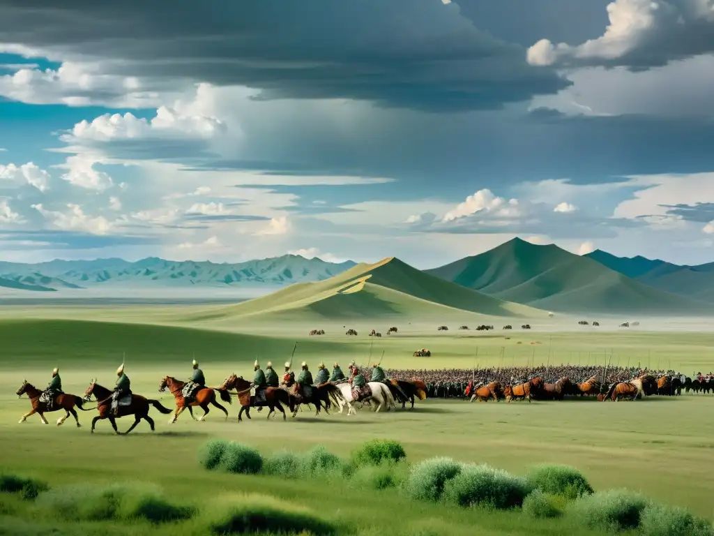 Imagen del vasto paisaje del Imperio Mongol, con guerreros a caballo, evocando su historia, cultura y conquistas