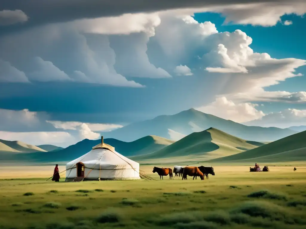 Imagen del vasto paisaje mongol con nómadas yurtas, evocando el legado del Imperio Mongol historia cultura legado