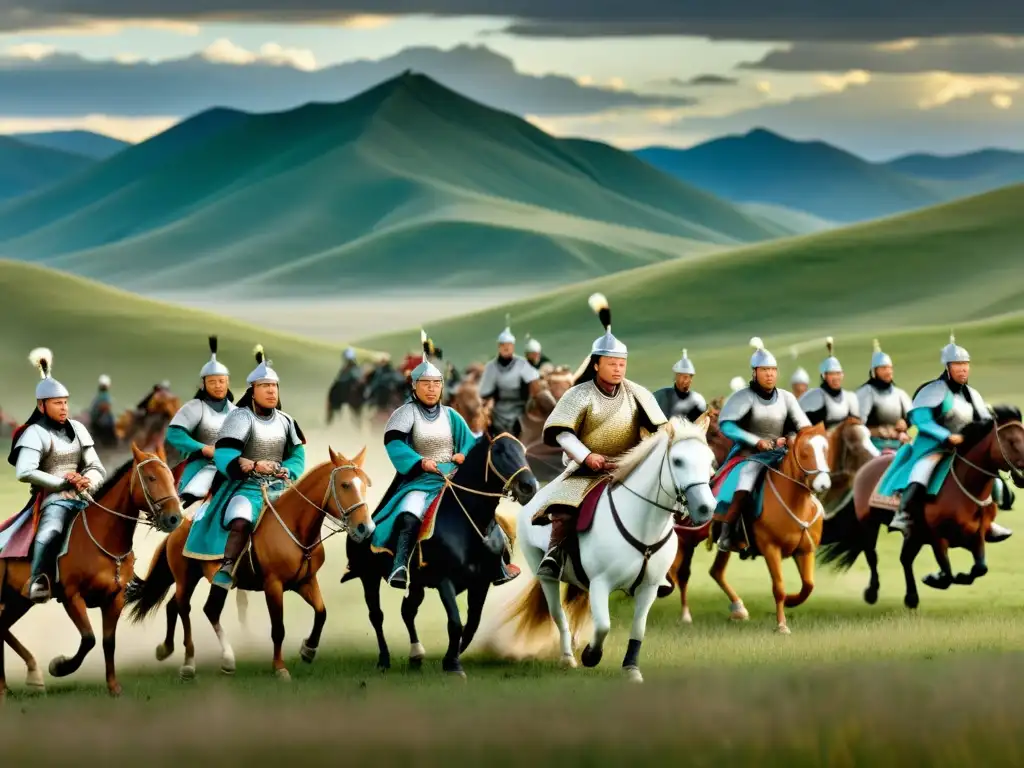 Imagen de la verdad histórica del Imperio Mongol: detallada reconstitución de un momento pivotal, con guerreros montados en vasta pradera